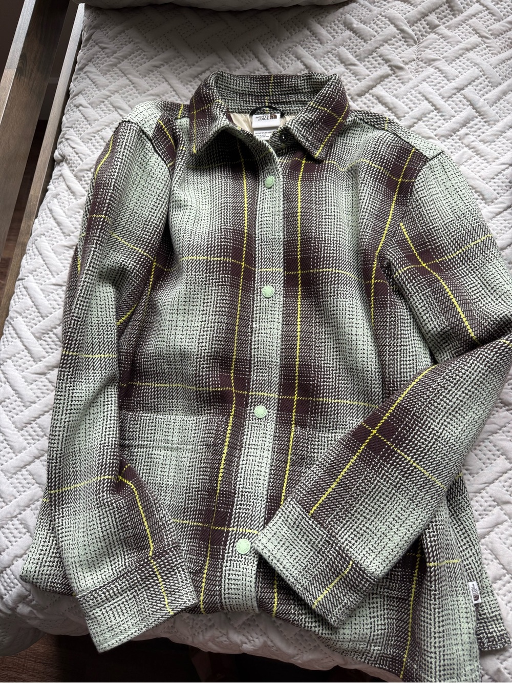 The North Face Mint Green Plaid Jacket with Brown and Yellow Accents